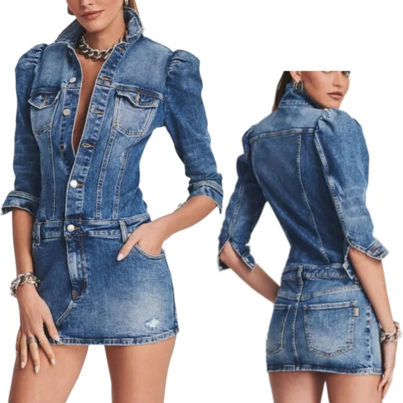 Retrofete Sibi dress Bailey distressed denim mini jean puff sleeves women's xs - Picture 5 of 17